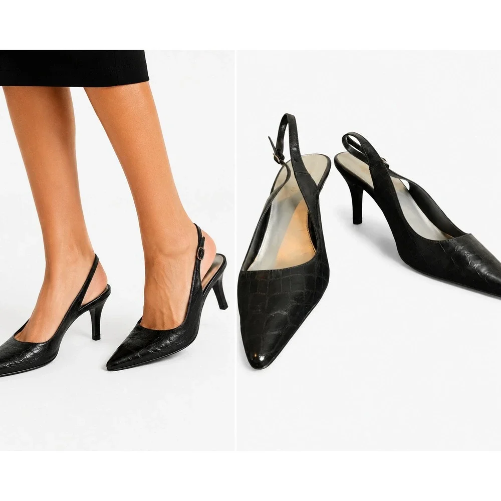 Chaps‎ Slingback Pumps Women 9.5 Black Croc Embossed Leather Pointed Toe Classic